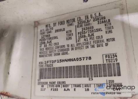 1991 Ford F150 z USA, uszkodzony, nr VIN 1FTDF15H4MNA05778